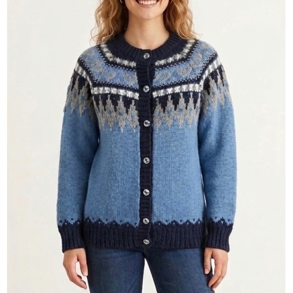 Alpaca Connection Sweaters - Alpaca Connection Cardigan Sweater Fair Isle Alpaca Blend Blue Medium